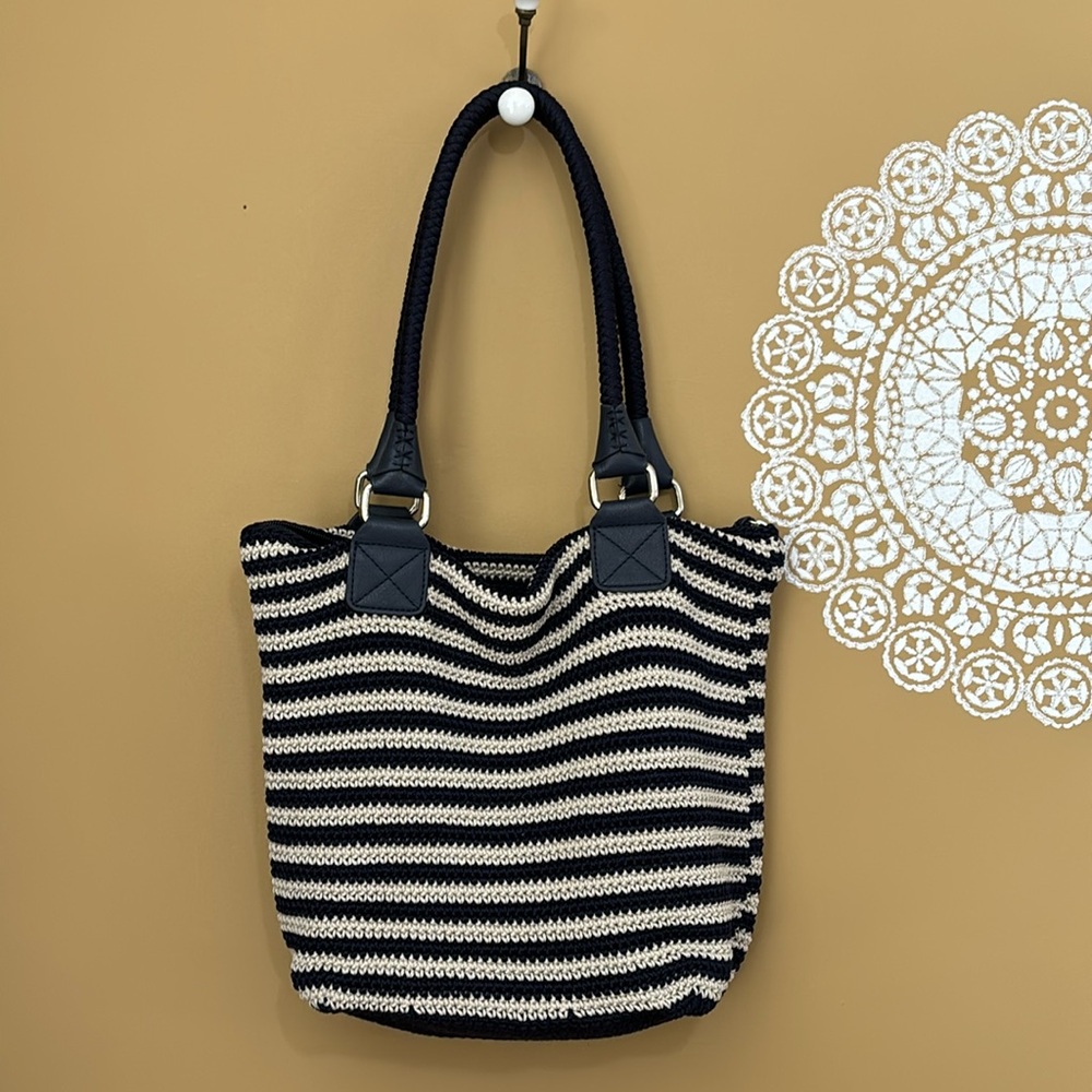 The Sak blue & white striped crochet hobo bag with top zip